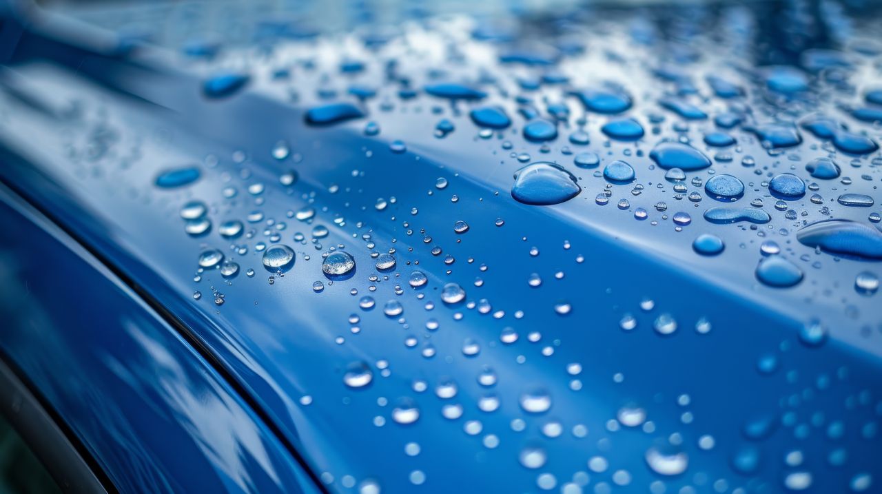 車の表面の水滴が水玉になっている様子